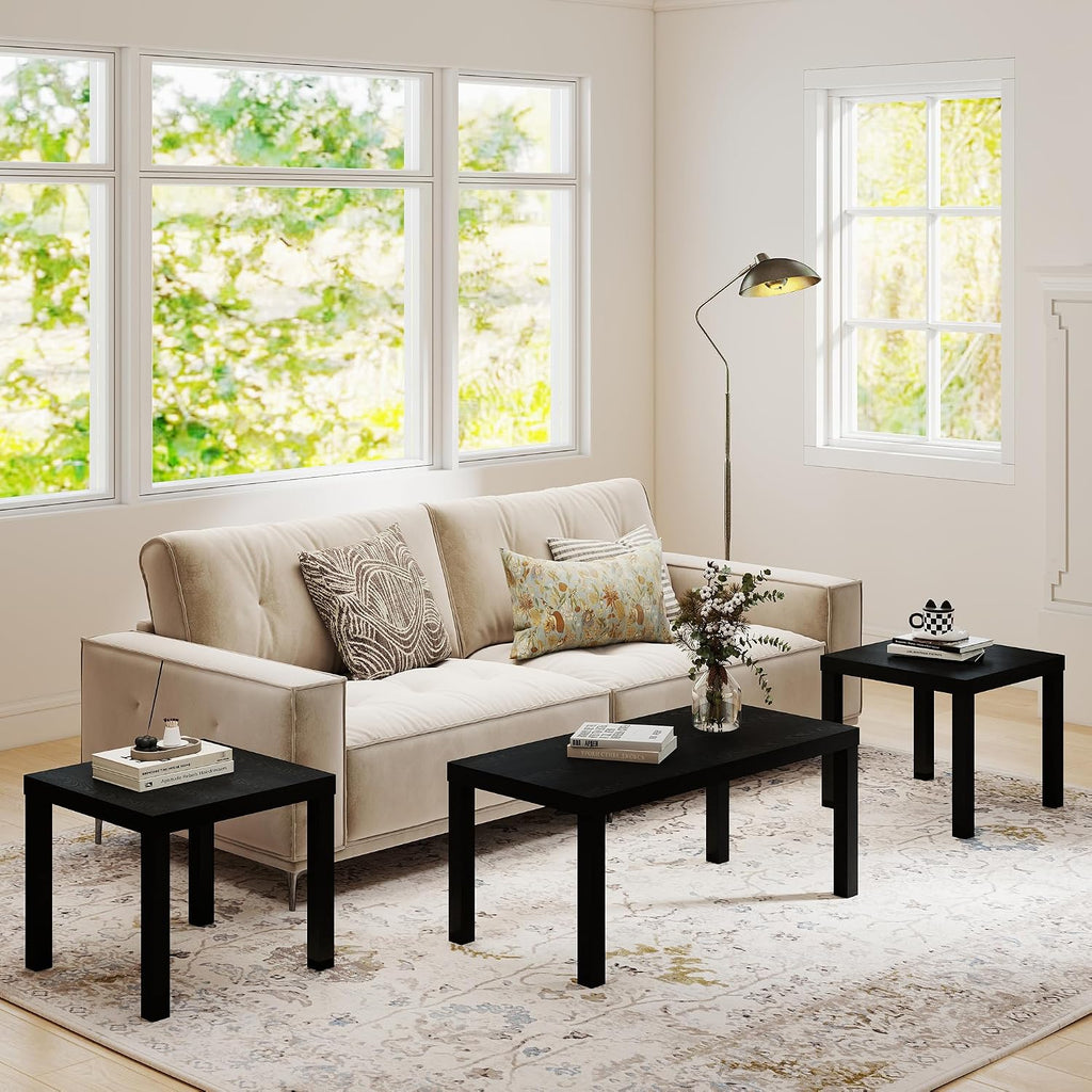Modern 3 Piece Coffee Table Set, Rectangle Coffee Table with 2 Wood End Tables Thick Frame Living Room Table Sets for Small Spaces