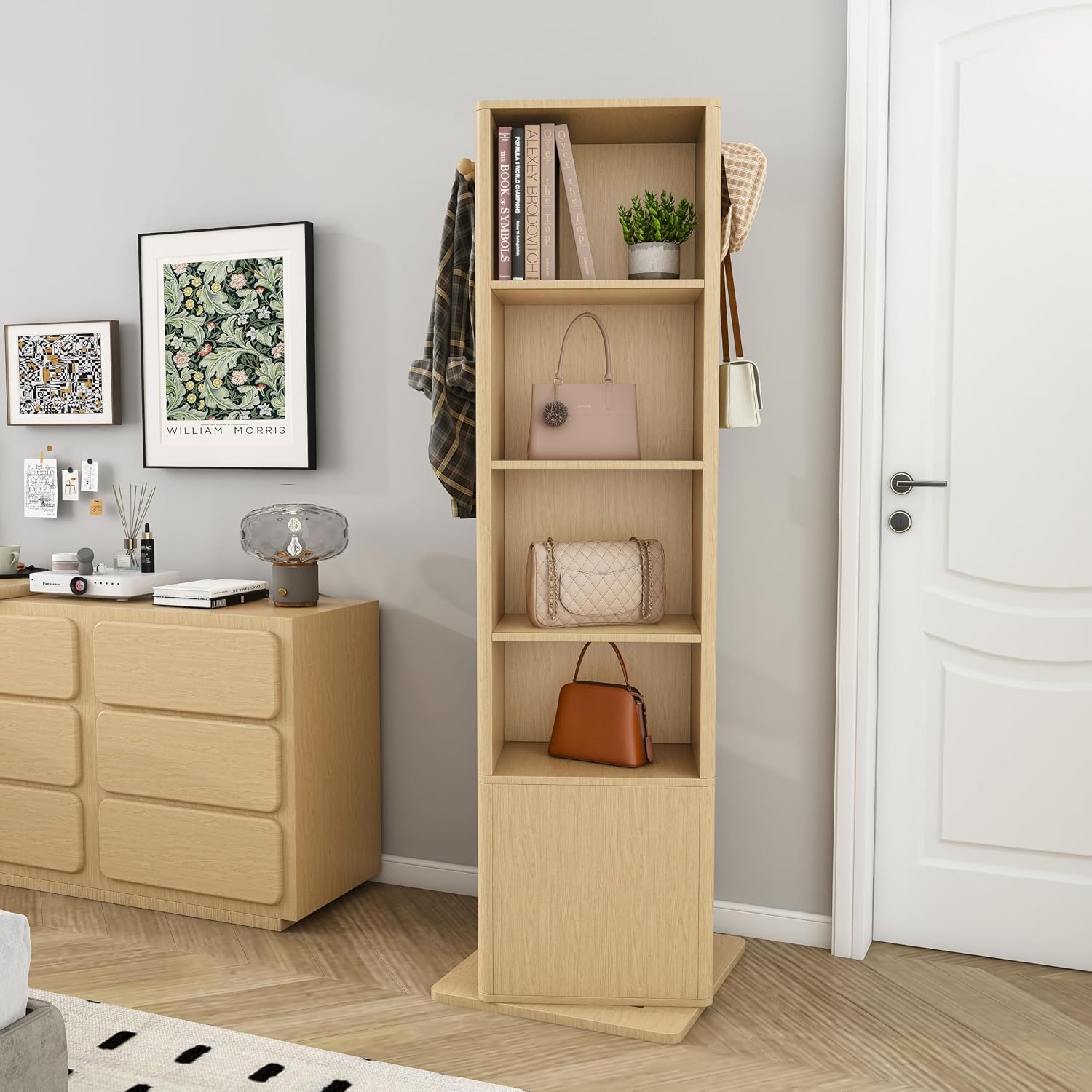360° Rotating Makeup Storage Cabinet with Full-Length Mirror, Jewelry Armoire Organizer, Freestanding Bookshelf Tower, Coat Hook Stand, Hidden Shelves, Space-Saving Bedroom Furniture (Walnut)