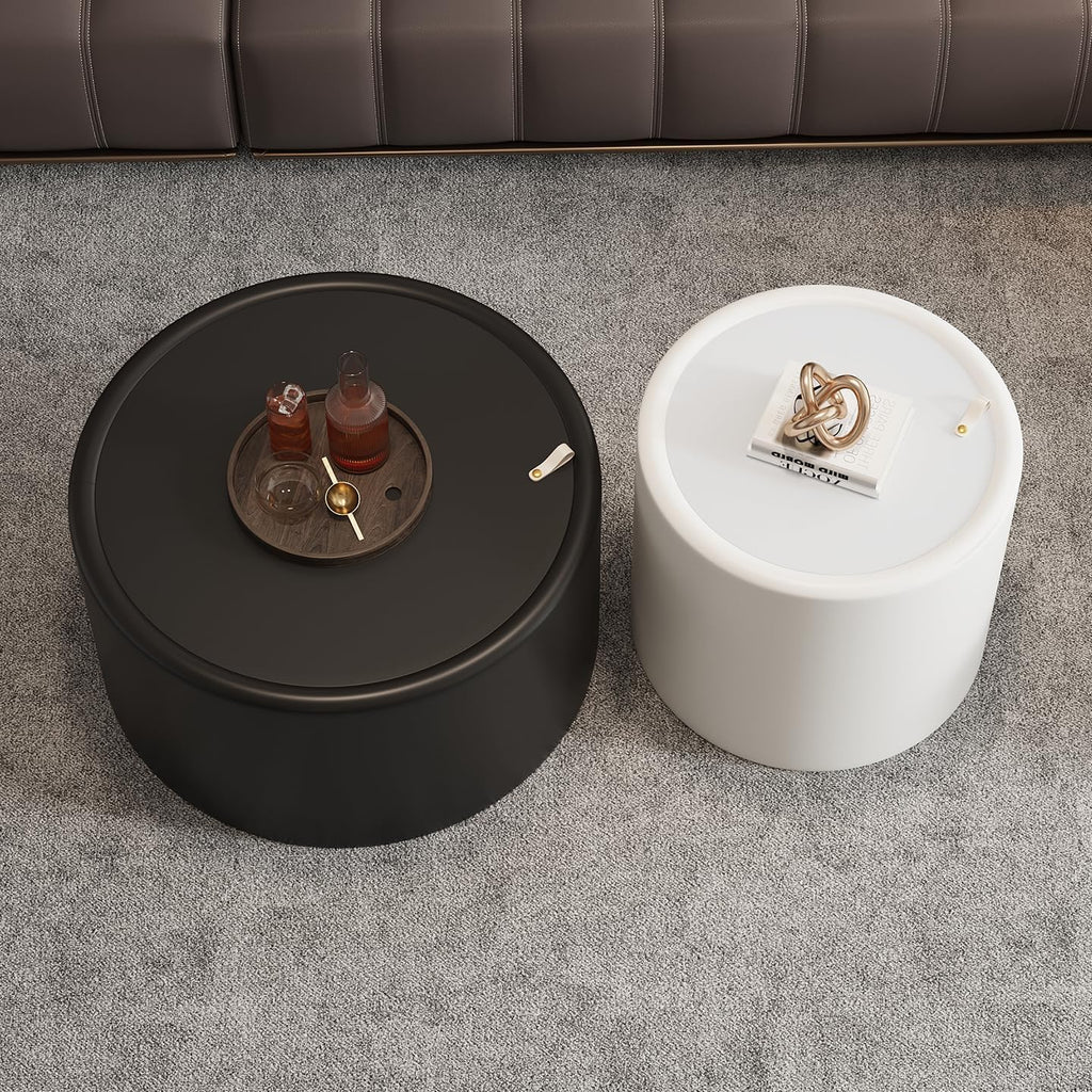 Round Coffee Table Set with Hidden Storage, 27.56' Black Drum Center Table and 19.69' White Coffee Table Set, 2 Pieces Living Room Table Set with Tempered Glass Top and PU Leather Body