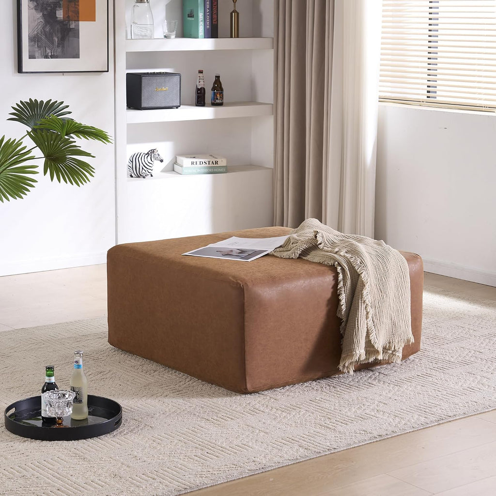 35' Wide Oversized Square Ottoman Coffee Table, Faux Leather Couch Ottoman Large Footstool for Living Room (Brown, Square)