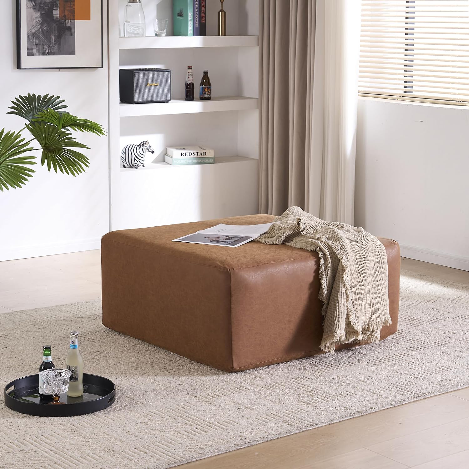 35' Wide Oversized Square Ottoman Coffee Table, Faux Leather Couch Ottoman Large Footstool for Living Room (Brown, Square)