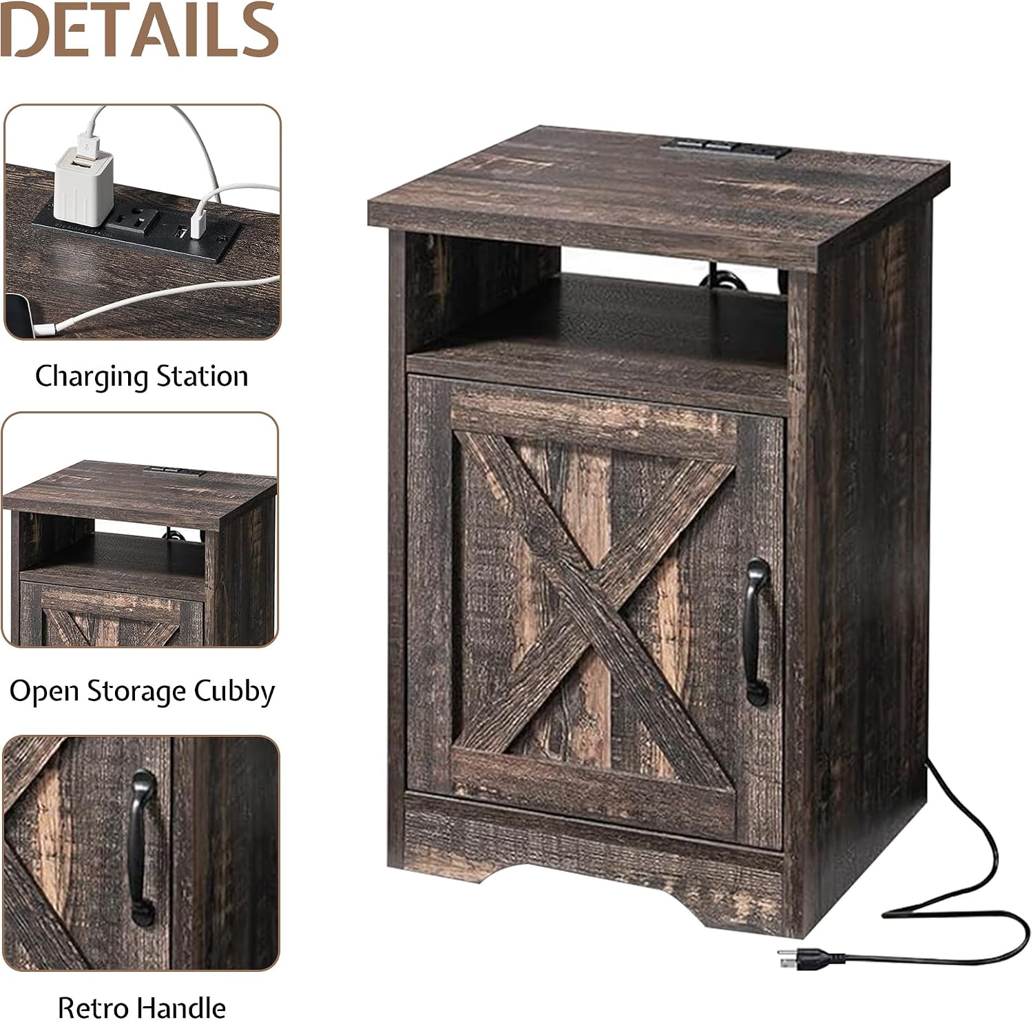 LUXOAK 3-Piece Farmhouse Living Room Table Sets, Includes 1 x Coffee Table, 2 x End Tables with Charging Station & USB Ports, Rustic Coffee Table Set of 3, Black Oak