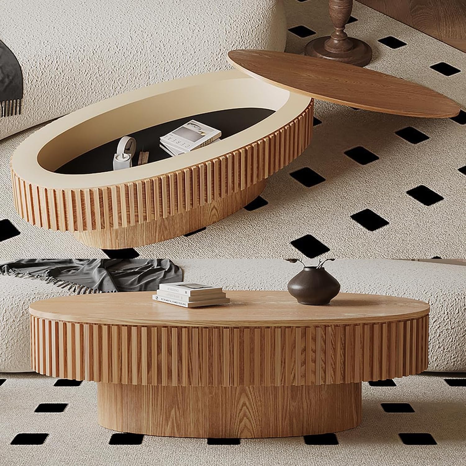 47.2'' Oval Coffee Table with Storage for Living Room Modern Fluted Coffee Table with Lid Pedestal Center Tables Accent Tea Table for Apartment, Natural Wood Oak