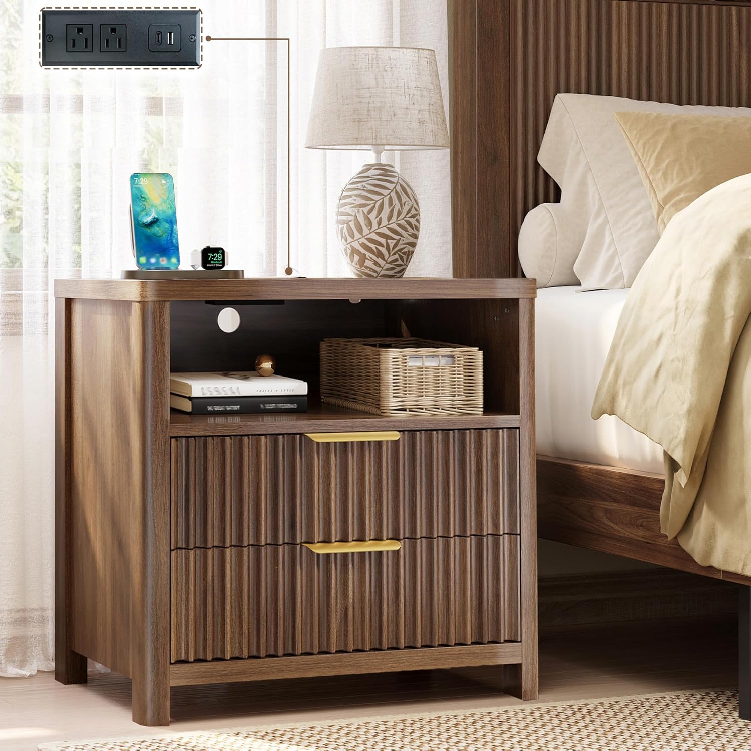CypBed 23' Wide Fluted Nightstand with Charging Station,24'' Tall Modern Mid Century Night Stand with 2 Drawers,Wood Bedside Table with Curved Profile Design,Large End Table for Bedroom,Walnut,1 Pcs