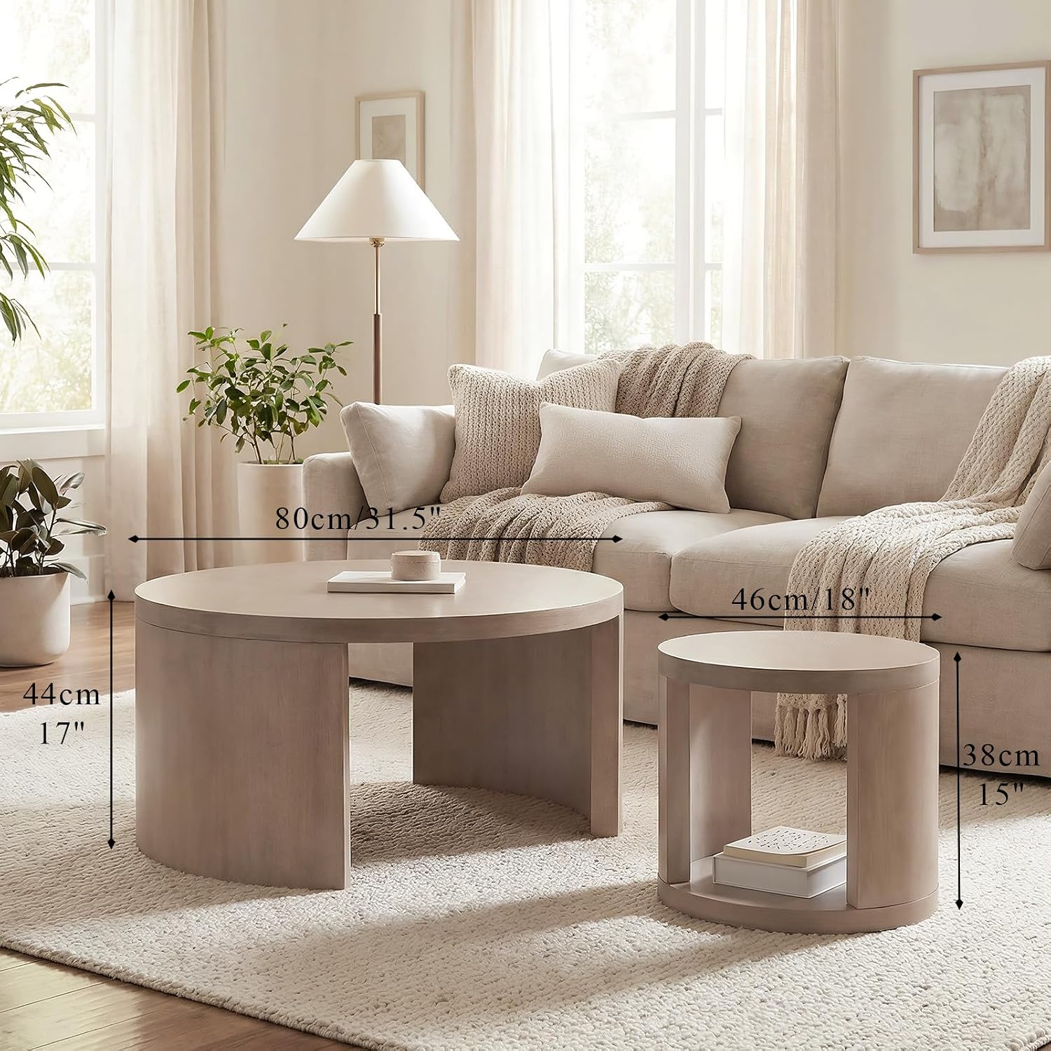 Round Coffee Table Set of 2, Nesting Coffee Tables with Storage, Living Room Table Set, Modern Wood Center Table for Living Room, Apartment, 31.5' & 18' Accent Table Set, Gray