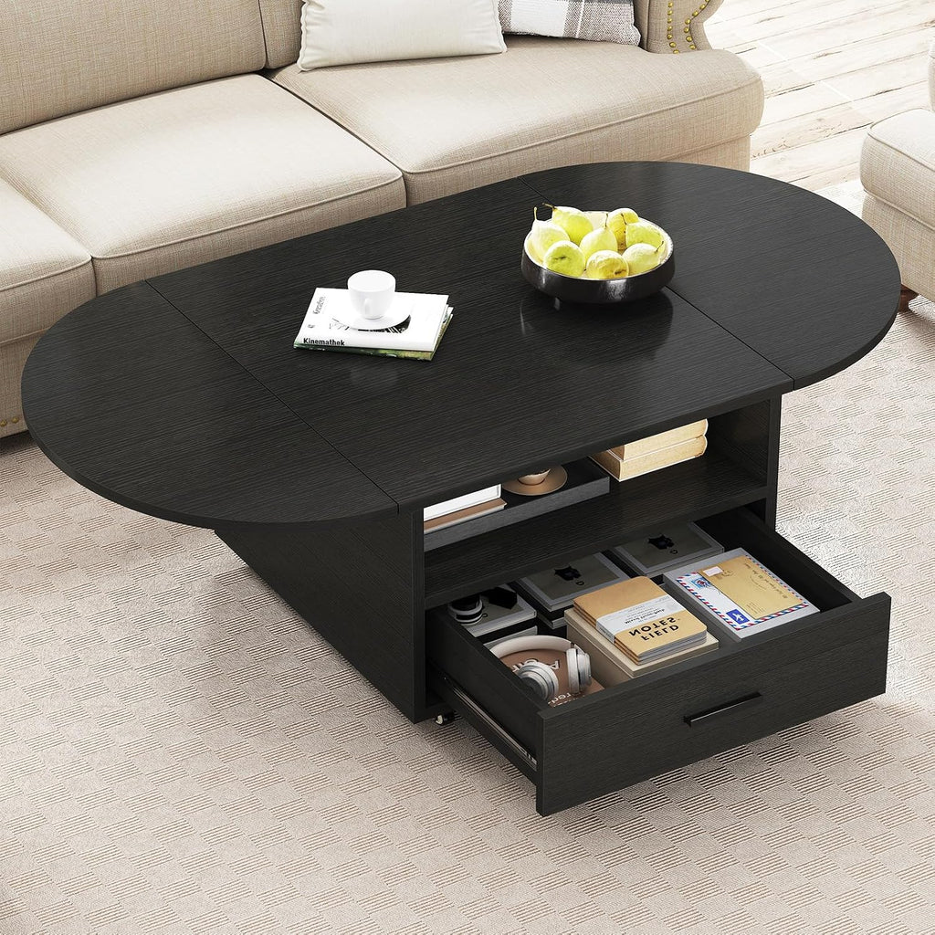IBF Black Coffee Table with Drawer, Oval Foldable Center Table with Storage, Modern Wood Living Room Table with Wheels, Multifunctional Extendable Tea Table for Home Bedroom Office, Black Oak, 47 Inch
