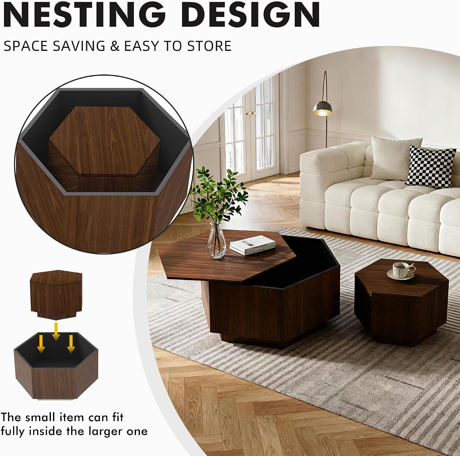 Hexagonal Nesting Coffee Tables Set of 2, Walnut Coffee Table with Storage, Mid Century Modern Center End Side Tables with Anti-Slip Feet for Living Room Farmhouse Apartment Office