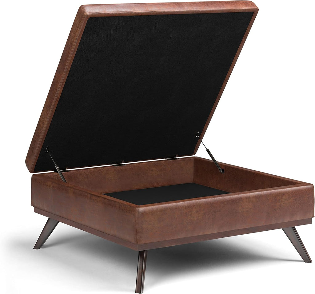 SIMPLIHOME Owen XL Square Coffee Table Storage Ottoman - 40 inch Wide Upholstered Vegan Leather Lift-Top Ottoman in Distressed Saddle Brown, Mid-Century Modern Ottoman for Living Room with Storage