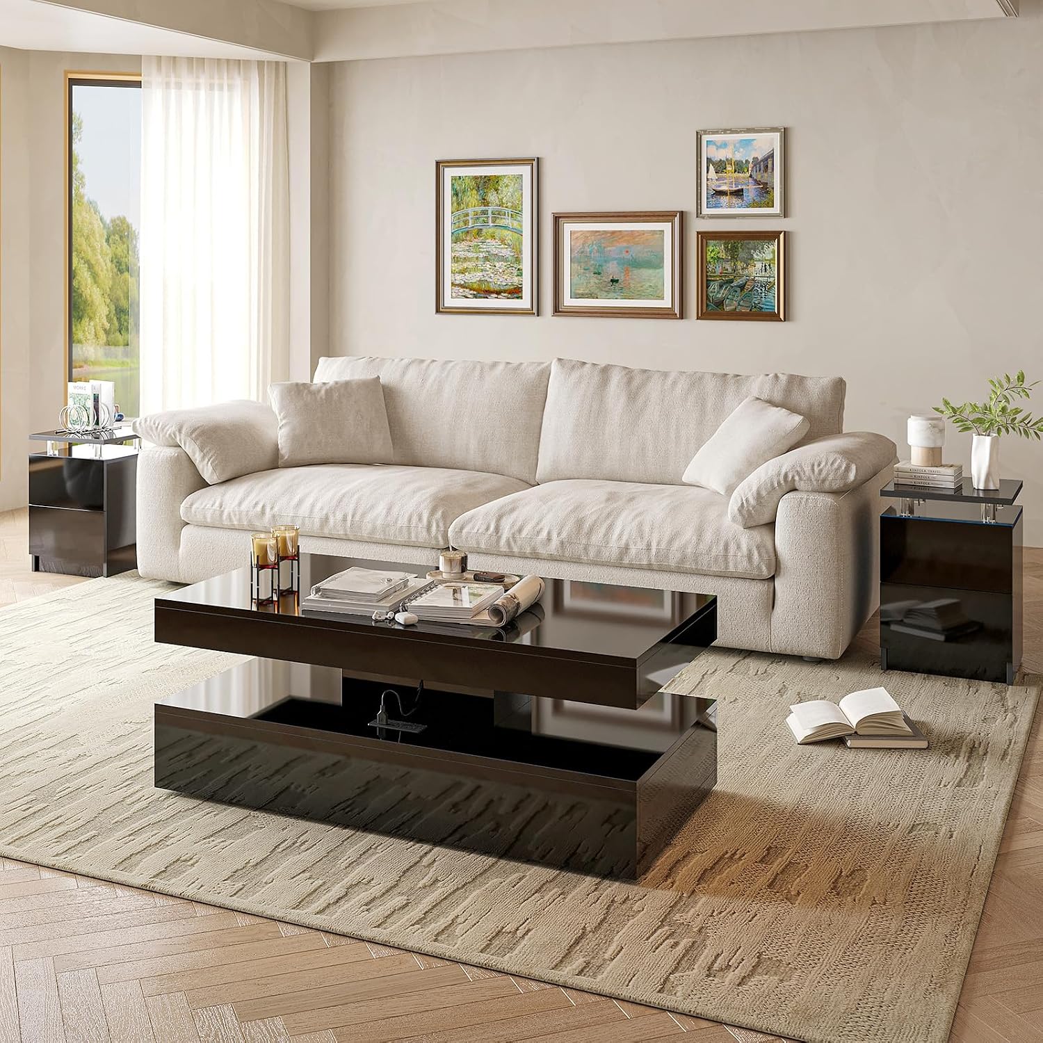 3-Piece Modern Living Room Table Set, Includes LED Coffee Table and End Tables Set of 2 with Storage Drawers, Black