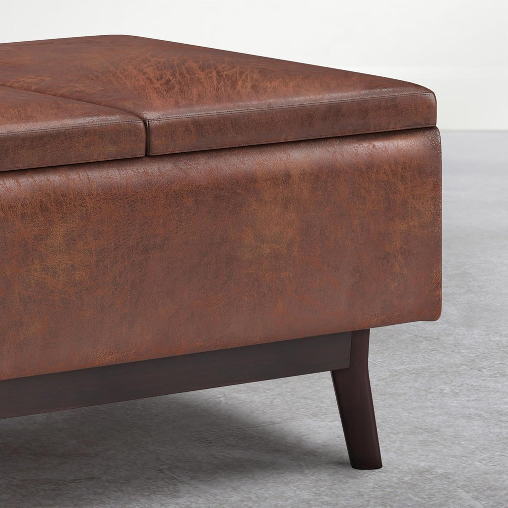 SIMPLIHOME Owen Small Coffee Table Storage Ottoman - 34 inch Wide Upholstered Vegan Leather Rectangle Ottoman in Distressed Pecan Brown, Mid-Century Modern Ottoman for Entryway with Serving Trays