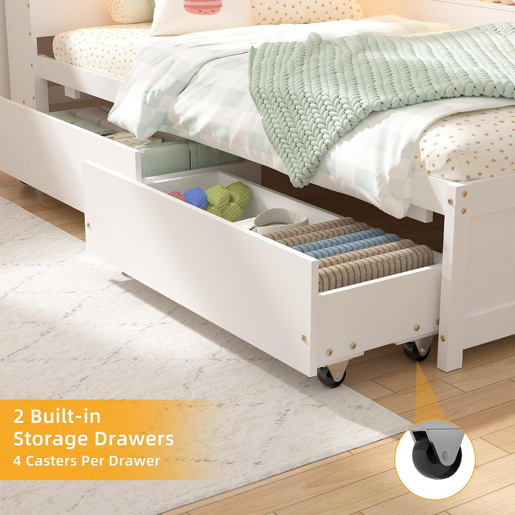 Corner Bed Frame with Bookcase Headboard and Drawers Storage, Twin Size Daybed with Charging Station & LED Lights, Solid Wood Platform Bed with Wooden Slats for Kids Teens Guests, White