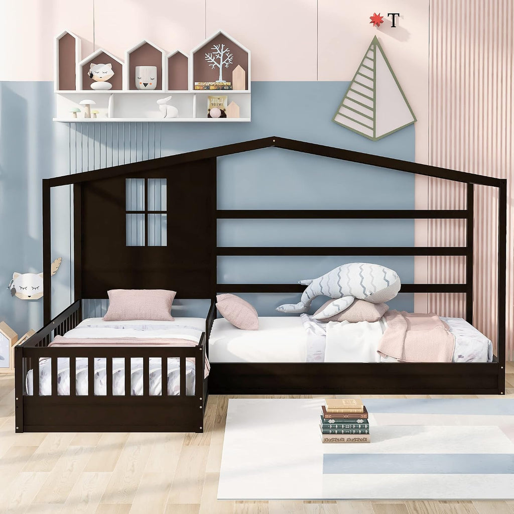 CITYLIGHT Wood L Shaped House Bed Frame, Twin Size Montessori Corner Bed with Roof, Window & Fence, Modern House Shaped Bed for 2 Kids, Espresso