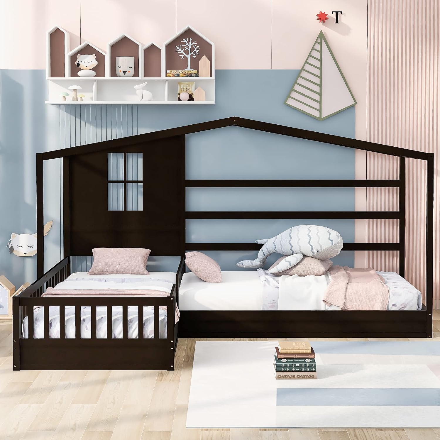 CITYLIGHT Wood L Shaped House Bed Frame, Twin Size Montessori Corner Bed with Roof, Window & Fence, Modern House Shaped Bed for 2 Kids, Espresso
