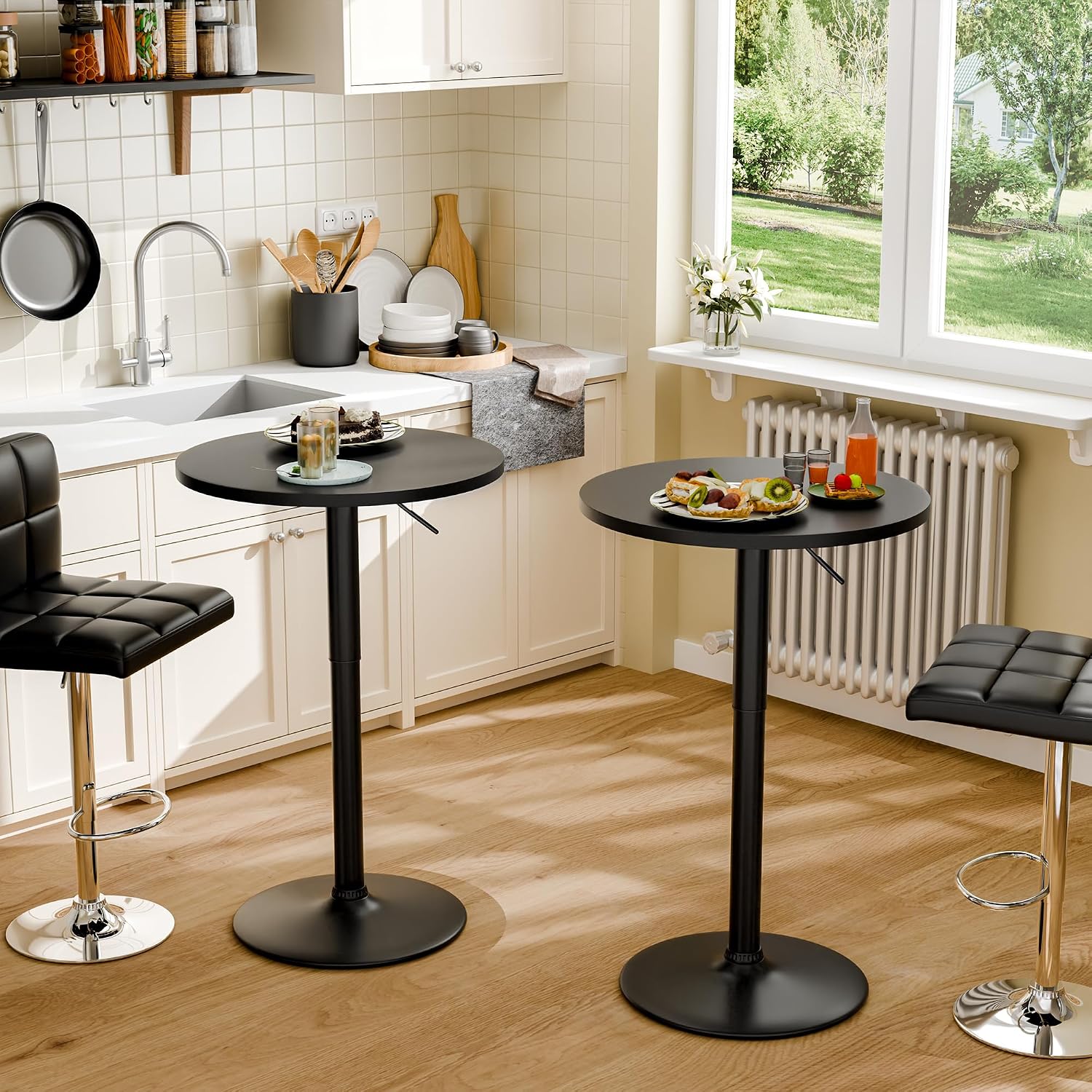 Furmax Bistro Pub Table Height Adjustable Round Bar Table 27.4-36 Inches, 360°Swivel Cocktail Table for Dining Room, Party, Café (4, Black)