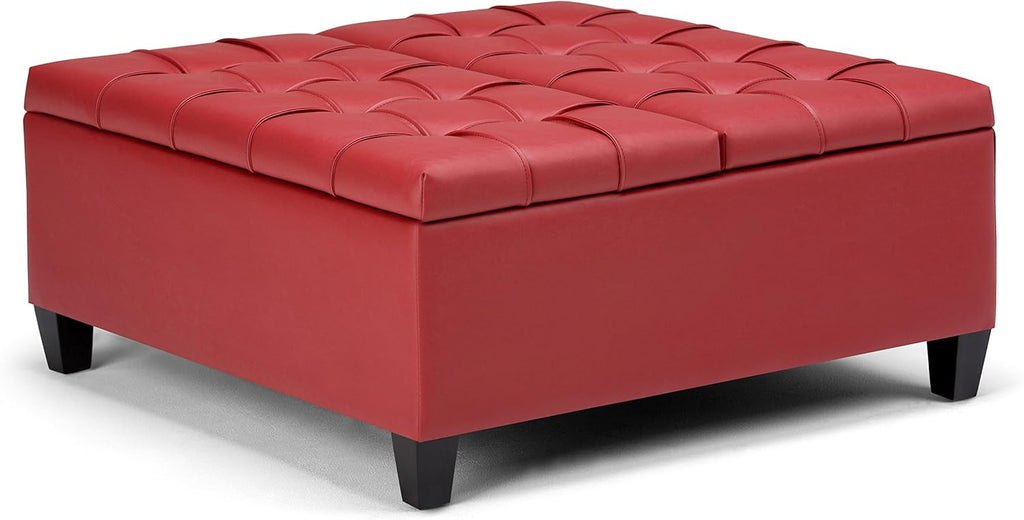 SIMPLIHOME Harrison Coffee Table Storage Ottoman - 36 inch Wide Upholstered Vegan Leather Square Lift-Top Ottoman in Crimson Red, Transitional Ottoman for Living Room with Hidden Storage
