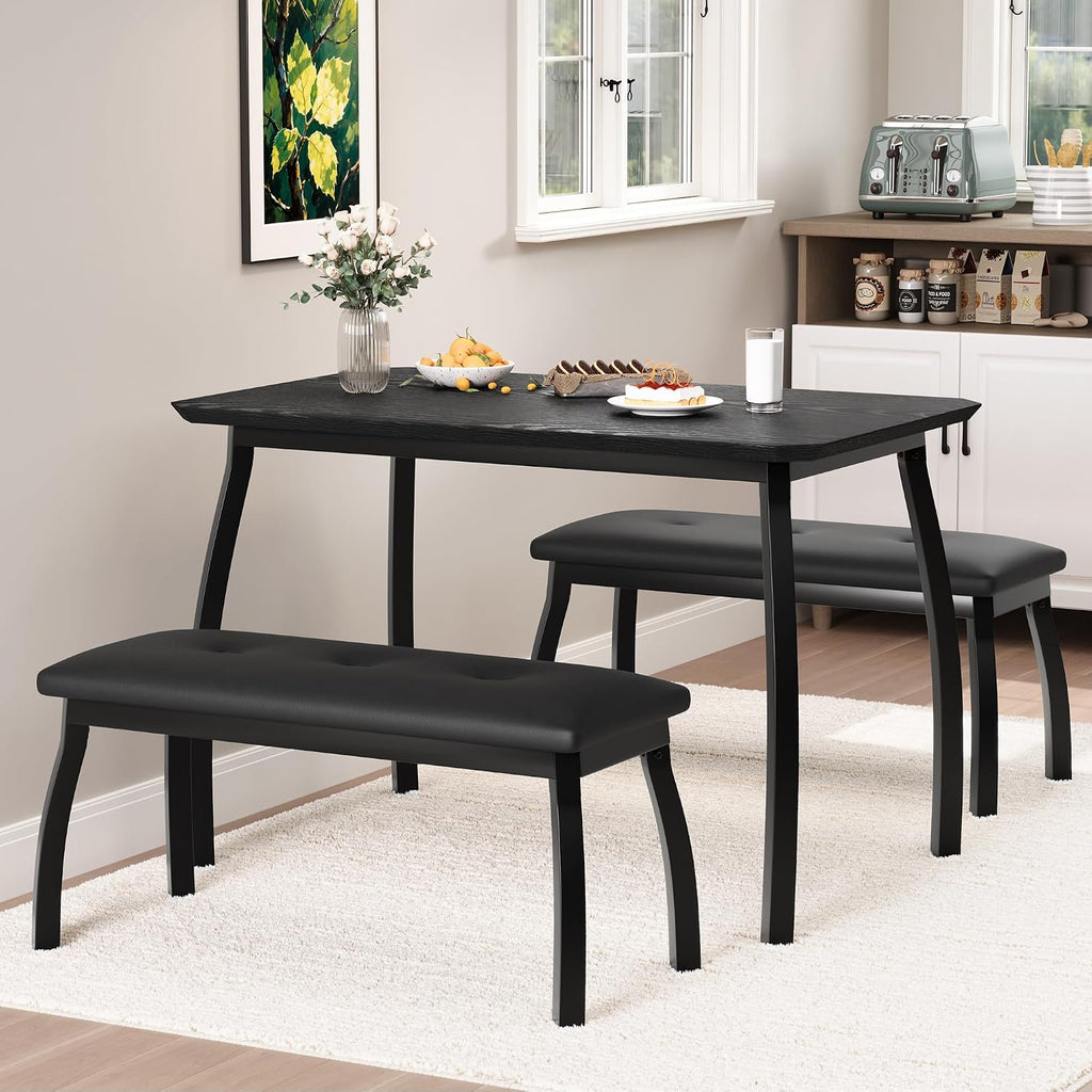 Dining Table for 4, 3-Piece Kitchen Table Set for 4 with Wooden Tabletop and Metal Frame, Industrial Kitchen Table with 2 PU Leather Benches for Bar, Dining Room, Restaurant(43''x28''x30''), Black