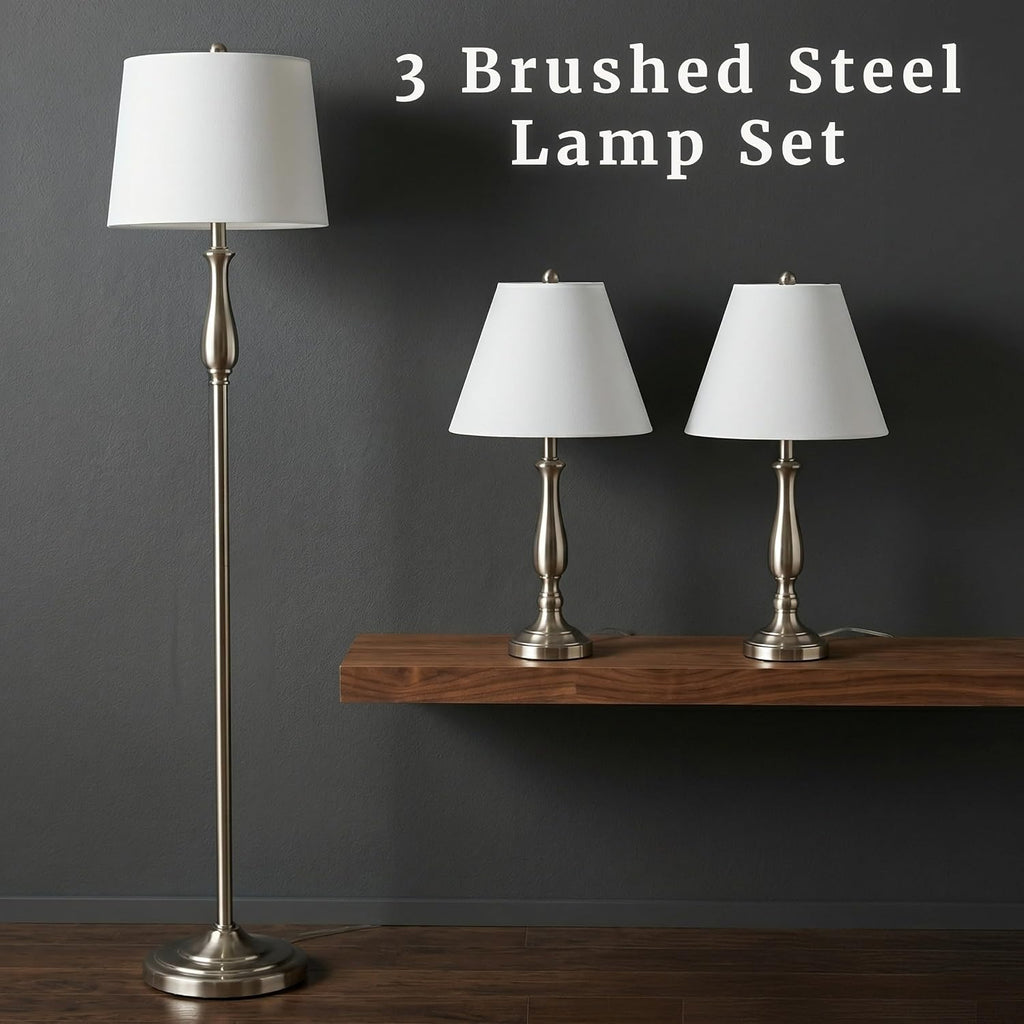 3-Piece Home Lighting Set - Coordinating Bundle with 2 Table Lamps and 1 Floor Lamp for Home and Office Decor by Lavish Home (Silver)