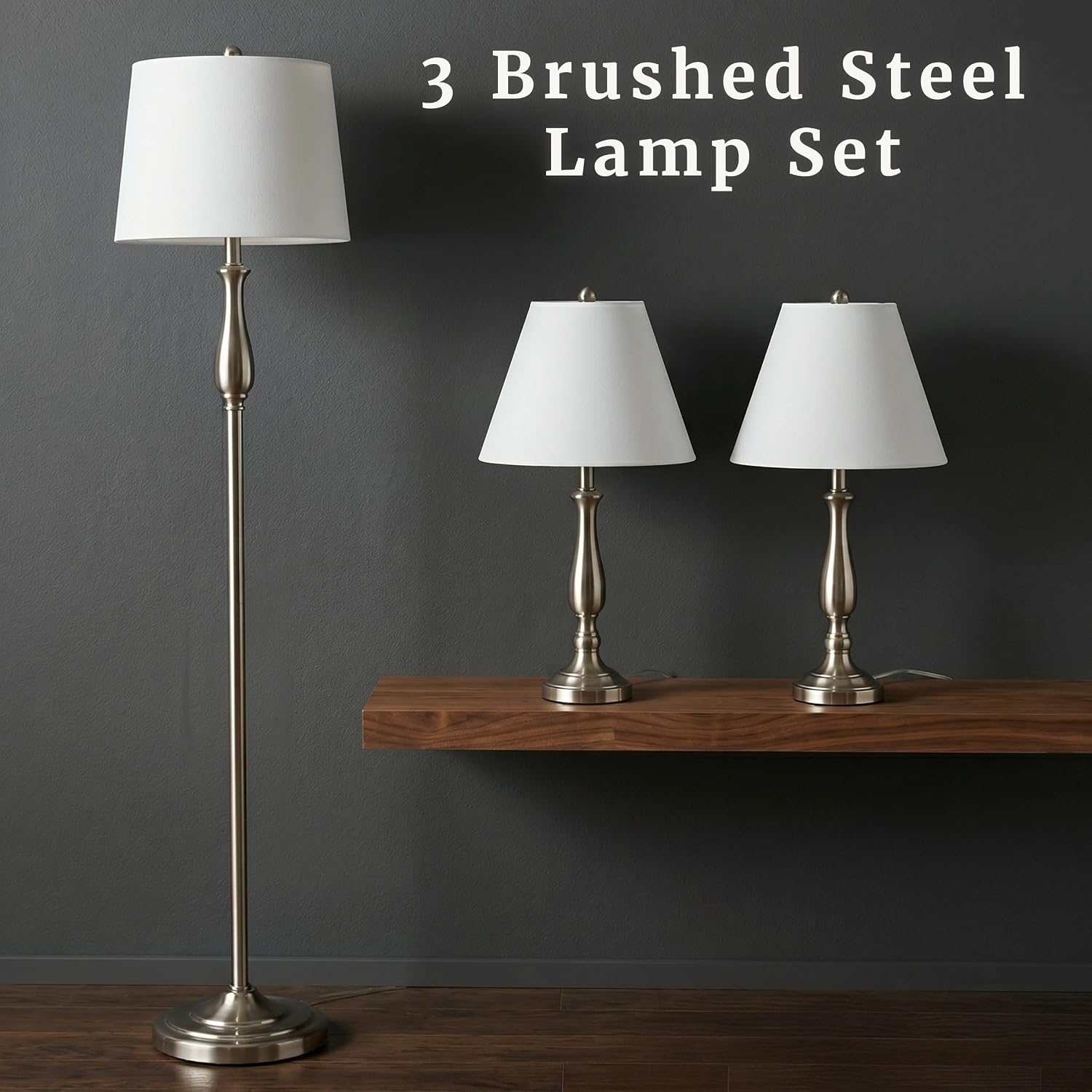 3-Piece Home Lighting Set - Coordinating Bundle with 2 Table Lamps and 1 Floor Lamp for Home and Office Decor by Lavish Home (Silver)
