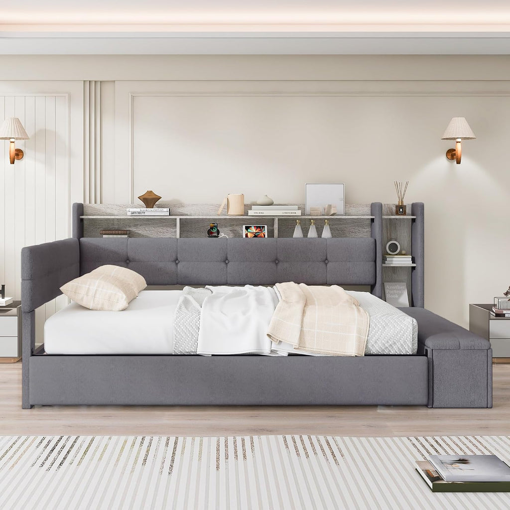 Twin Size Upholstery Daybed with Storage Footstool and Shelves, Solid Wood Platform Corner Bed with Trundle, USB Charging and LED Light for Bedroom Apartment (Grey-993)