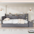 Twin Size Upholstery Daybed with Storage Footstool and Shelves, Solid Wood Platform Corner Bed with Trundle, USB Charging and LED Light for Bedroom Apartment (Grey-993)