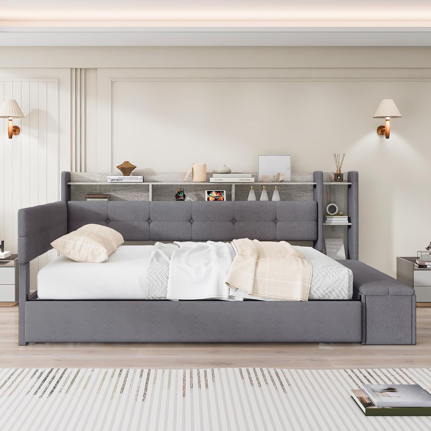Twin Size Upholstery Daybed with Storage Footstool and Shelves, Solid Wood Platform Corner Bed with Trundle, USB Charging and LED Light for Bedroom Apartment (Grey-993)