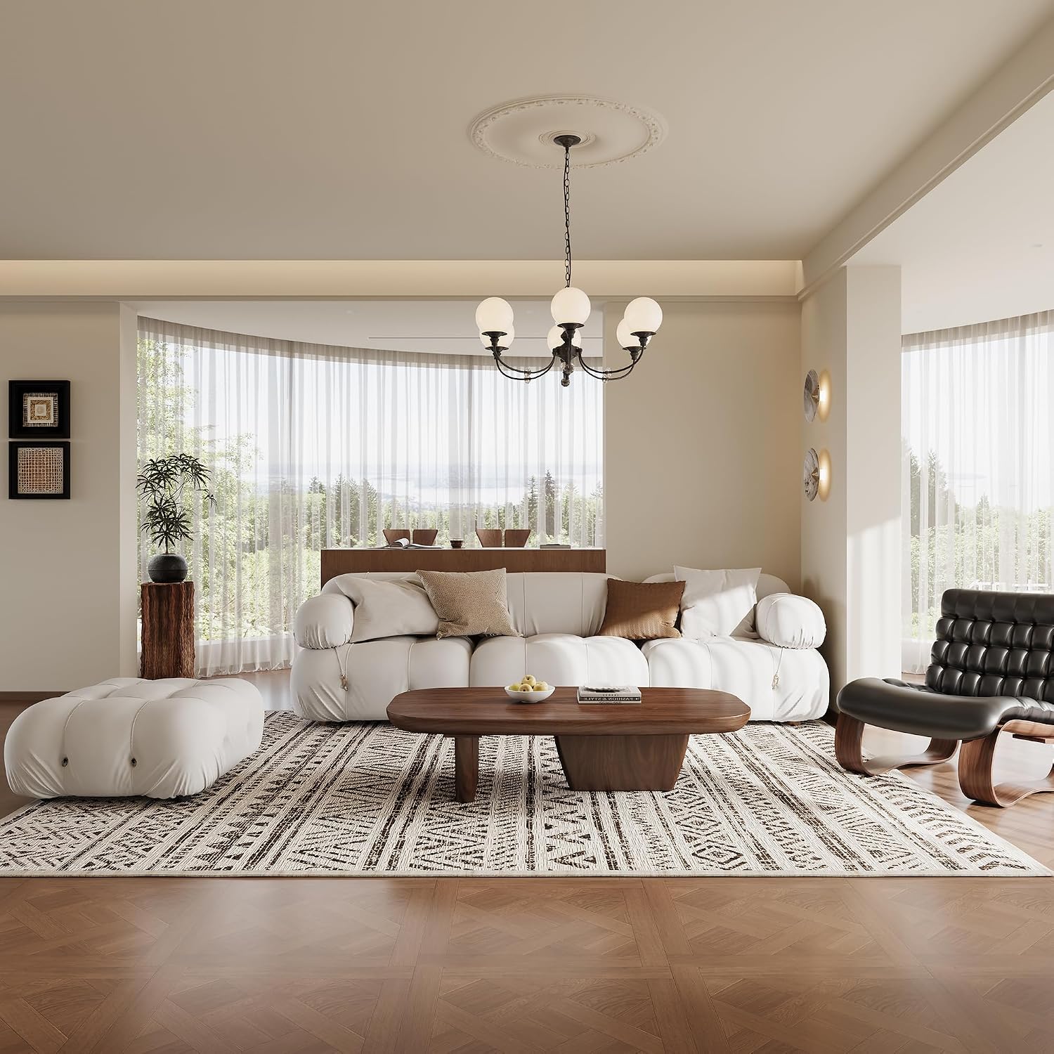 Mid Century Modern Wood Coffee Table with Rounded Edges and Unique Dual Leg Design, Easy Assembly Brown Living Room Center Table, 51.2' Rectangular Tea Table