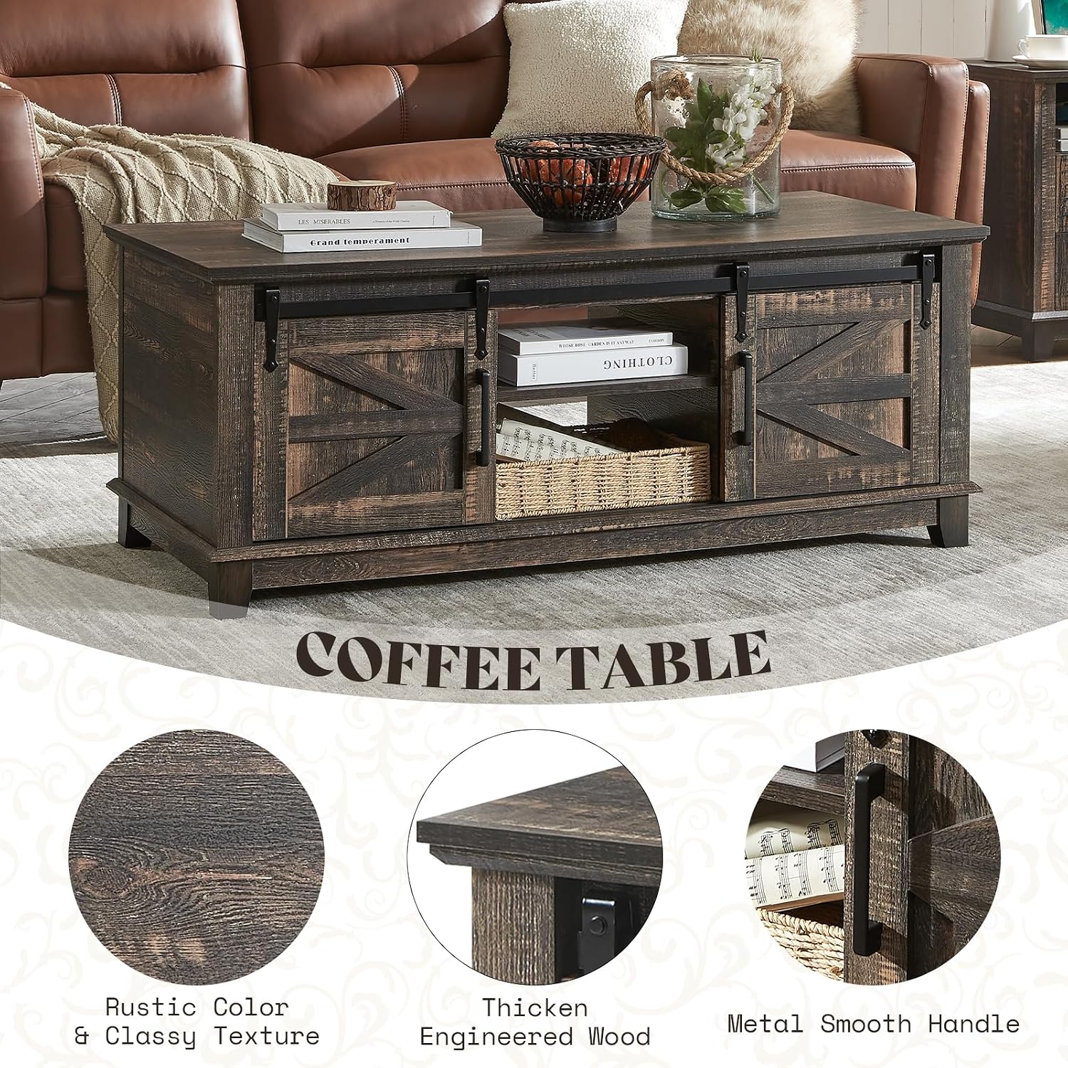 AMERLIFE Farmhouse 5-Piece Set, 18' End Tables Set of 2 with Charging Station,TV Stand for 65'+ TV, Storage Coffee Table & 46'' Entryway Table, Sliding Barn Doors,Adjustable Shelves, Rustic Oak Black