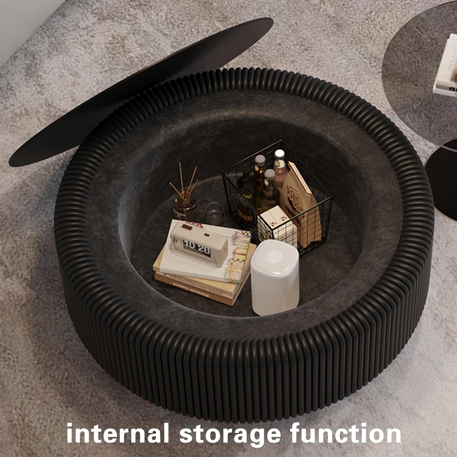 31.5'' Round Coffee Table with Storage, Modern Circle Fluted Drum Pedestal Coffee Table for Living Room, Tempered Glass Moveable Lid & PU Leather Body & Baked Enamel Leg, Black