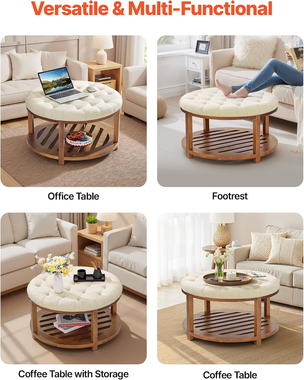 VEVOR Large Round Ottoman Coffee Table, 31.9 Inch Tufted Coffee Table with Solid Wood Shelf Storage, Linen Solid Upholstered Footrest Ottoman for Bedroom Living Room, 350 LBS, Linen Color