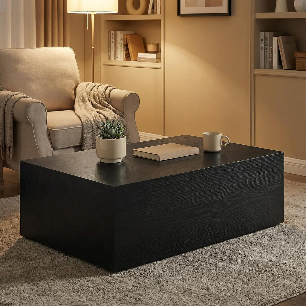 Rectangular Cube Coffee Tables, 300 lbs Minimalist Wood Cube Coffee Table, Low Profile Wood Block Coffee Tables with Anti-Slip Floor mats, with livingroom/Apartment Modern Coffee Table, Black
