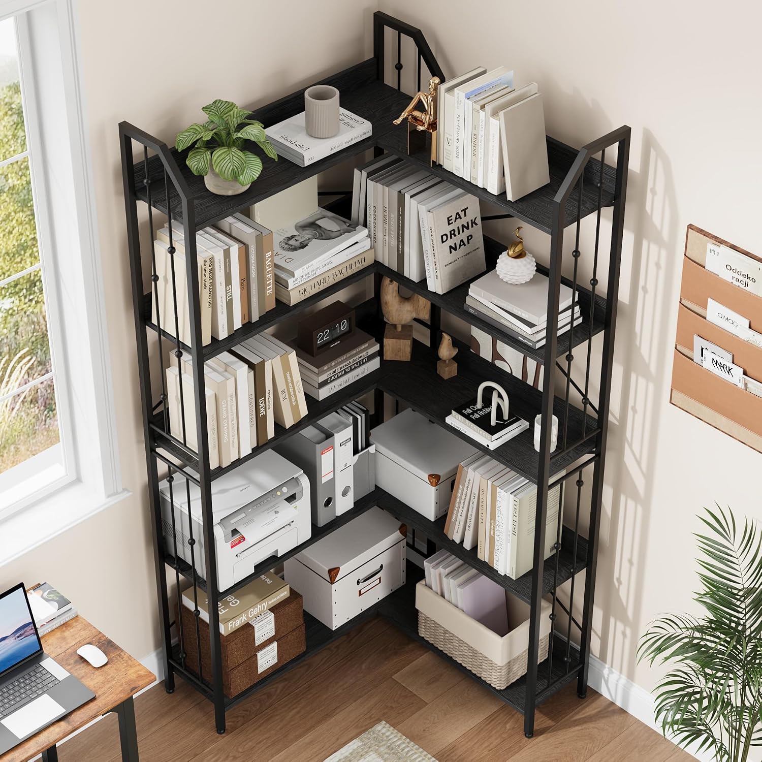 Takywep 72' Corner Bookshelf, l-Shaped 5 Tier Bookcase, Tall Corner Bookcase with Beaded Design, Large Display Shelf for Living Room Bedroom Black