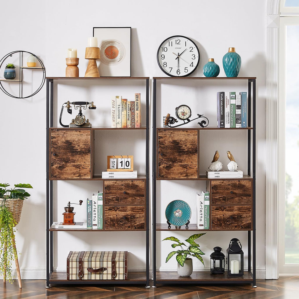 VECELO 5 Tier Bookshelf,62inch Height Bookcase with 2 Storage Drawers and 1 Cabinet, Wooden Shelves with Metal Frame,Open Book Shelves Standing Shelf Unit for Living Room, Bedroom,Office