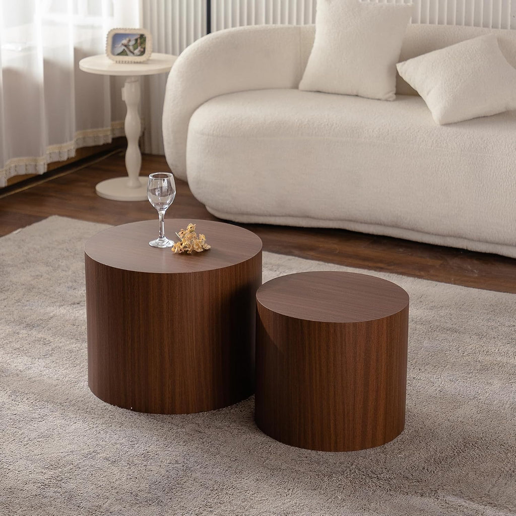 GDFStudio Round Nesting Coffee Table Set of 2, Modern Wooden Accent Side Table, Space Saving Small Circular Tea Coffee Tables and End Tables Sets for Living Room Small Space, No Assembly, Walnut