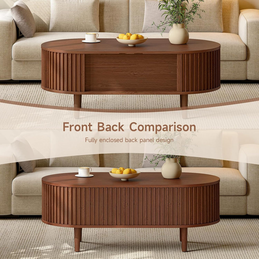 ONBRILL Fluted Oval Coffee Table, 43' Mid Century Modern Coffee Table with Storage, Wood Living Room Tables with Sliding Door, Center Tables for Living Room Apartment Small Space Walnut