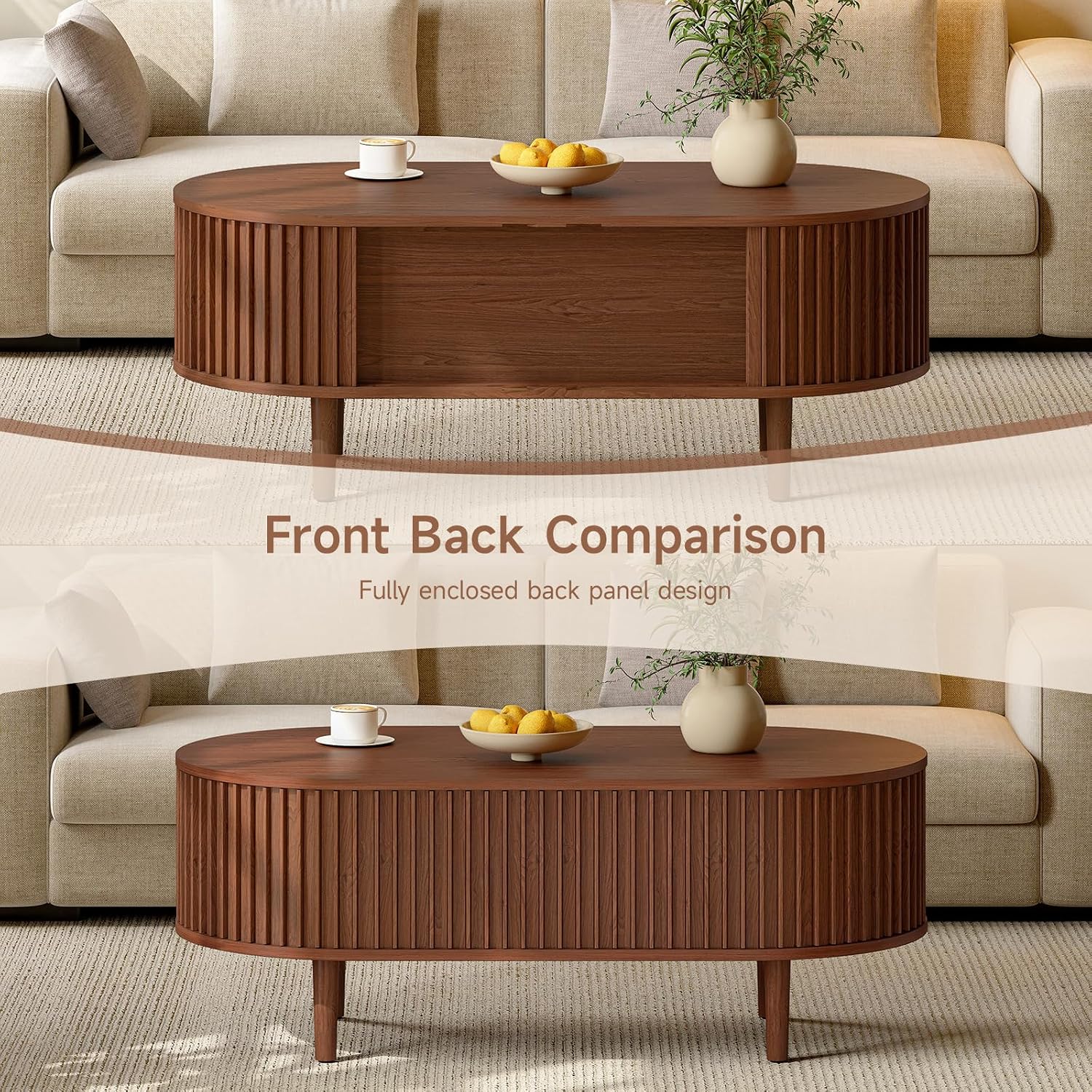 ONBRILL Fluted Oval Coffee Table, 43' Mid Century Modern Coffee Table with Storage, Wood Living Room Tables with Sliding Door, Center Tables for Living Room Apartment Small Space Walnut