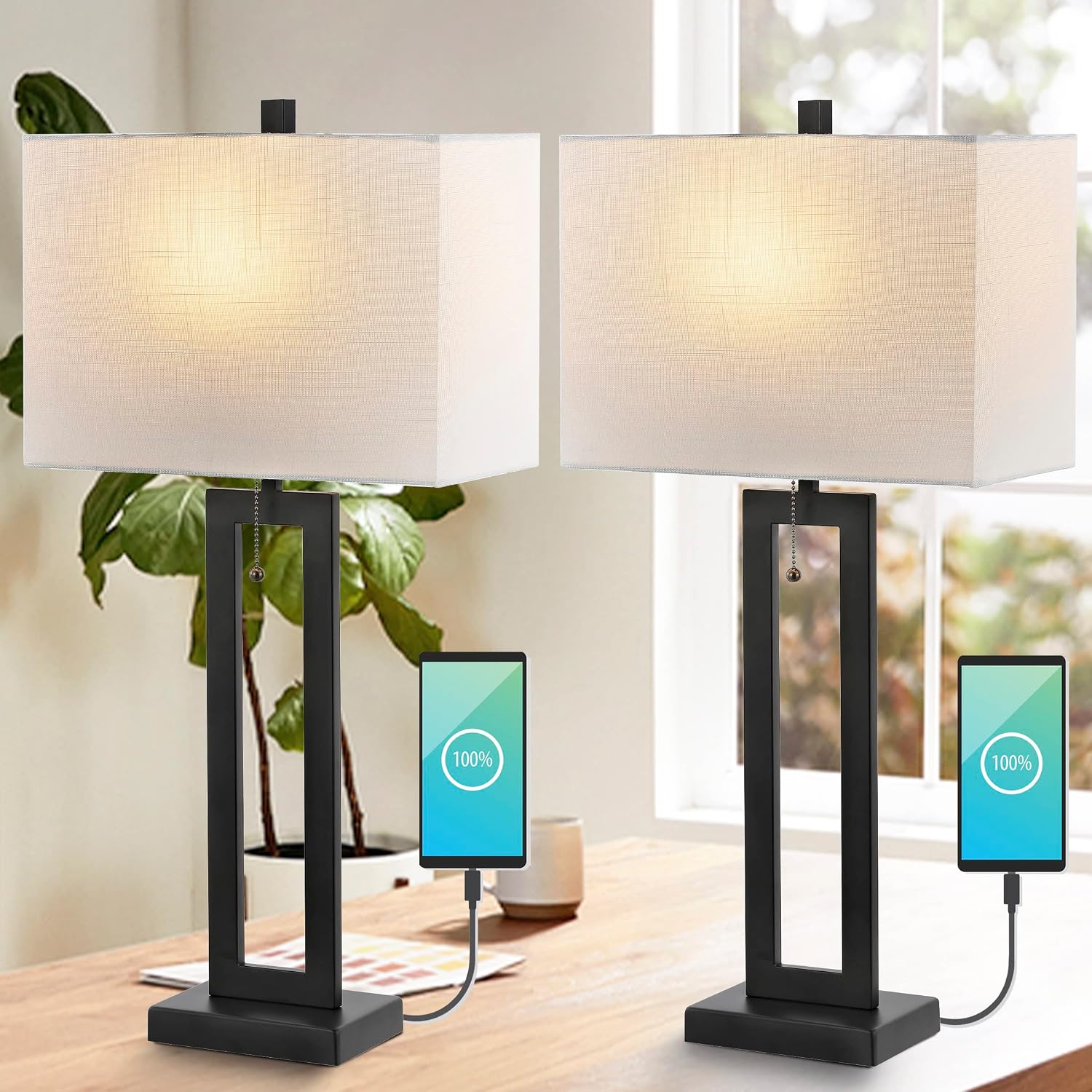 JONATHAN Y 28.5' Black Table Lamp Set of 2 with USB Port and Pull Chain, Modern Industrial Bedside Lamp for Living Room, Rectangular White Linen Shade, LED Bulb (JYL1126C-SET2)