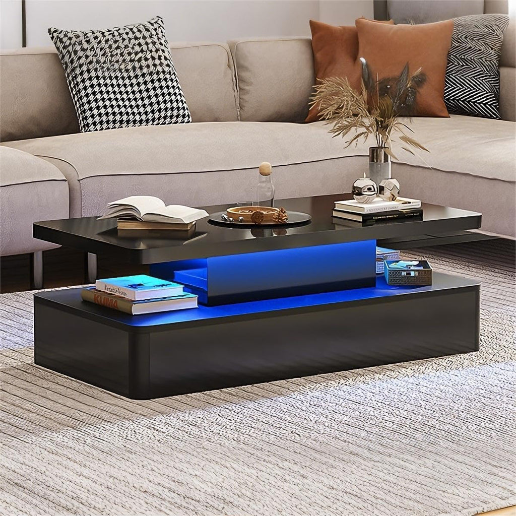 47' Modern Living Room Tables, LED Coffee Table with LED Lights, 2 Tier Rectangular Center Table with Large Storage, High Glossy Surface, Tea Table for Living Room, Black