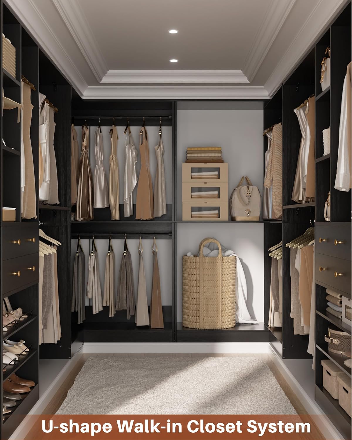 Besiost Closet System with 4 Drawers & Corner Tower, Closet Organizer System with 10 Hanging Robs, Reversible U Shaped Walk-in Closet System, Load 3600+LBS Capacity, Set of 4, Black