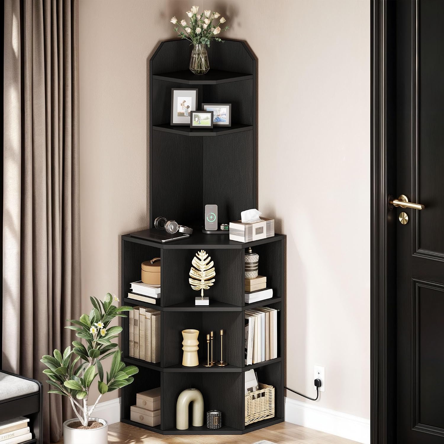 GOOBED Corner Shelf Cabinet, Industrial Corner Storage Rack with Charging Station, Wooden Display Bookshelf Bookcase for Living Room, Bedroom, Dining Room, Kitchen, Black
