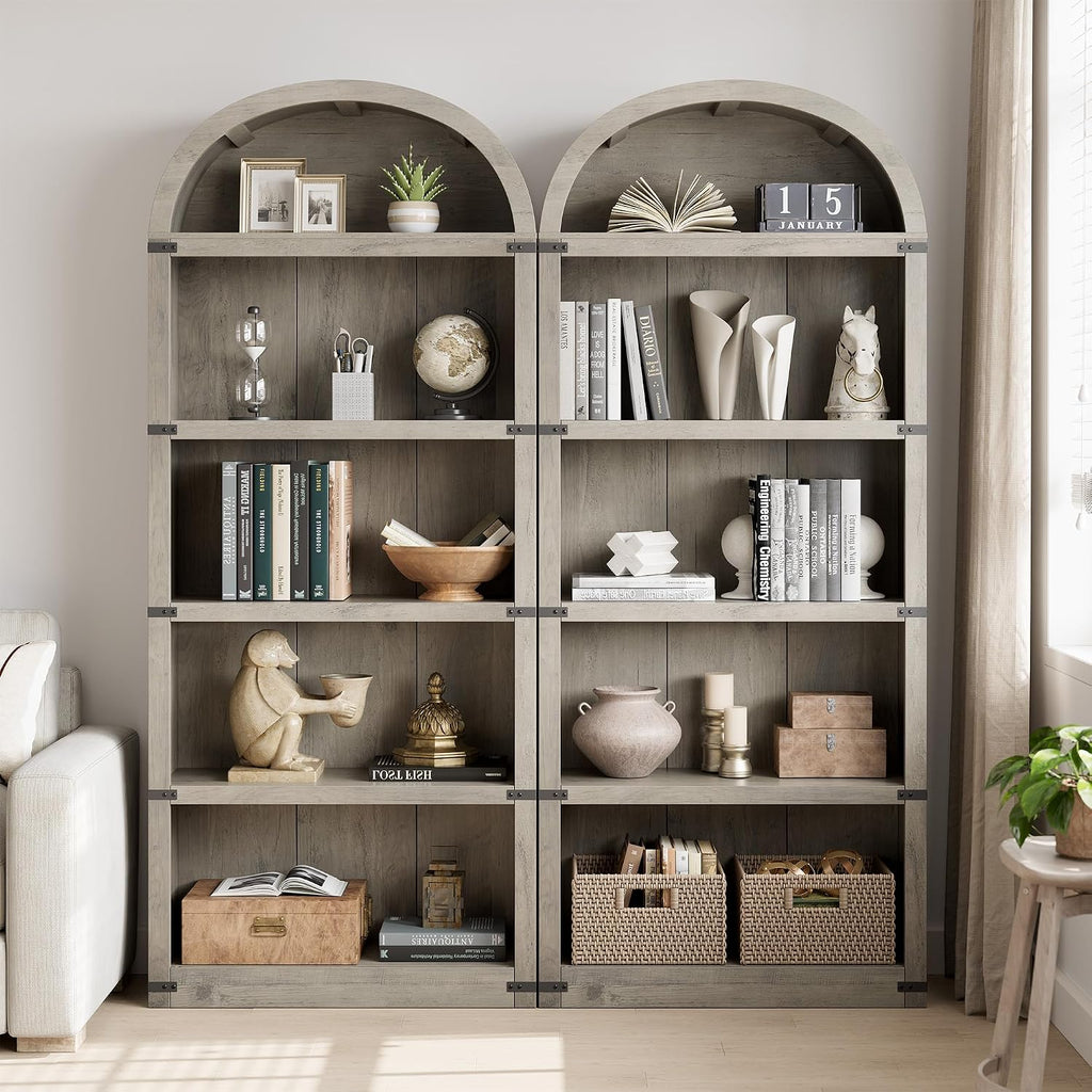 5-Tier Arched Bookcase – 71.65' Tall Farmhouse Wooden Bookshelf with Modern Black Wood Grain, Display Storage Shelf for Living Room, Office, Bedroom – Metal Corner Protection,Grey