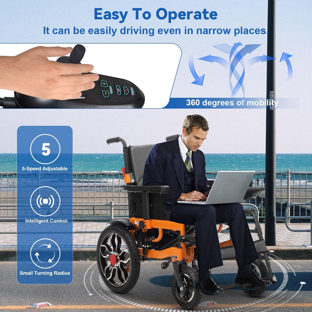 Foldable Electric Wheelchairs for Adults, 20' Widened Motorized Wheelchair for Seniors, 25 Miles Travel Range All-Terrain Power Wheelchair, Compact Size Travel Wheelchair Airline Approved (Orange)