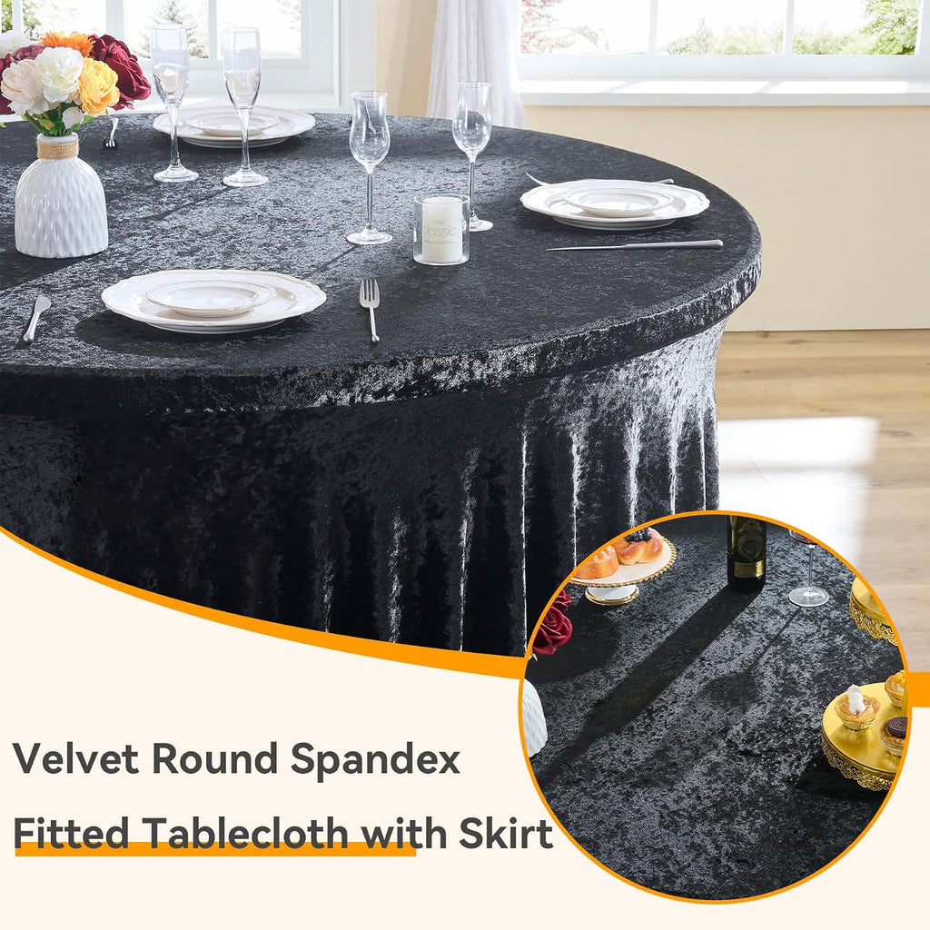Outpain 6Pack 60 Inch Round Velvet Tablecloths - 120 Inch Stretch Spandex Table Cover with Floor-Length Skirt, Wrinkle-Free Luxury Elastic Table Cloths for Weddings,Banquets,Events (Black)