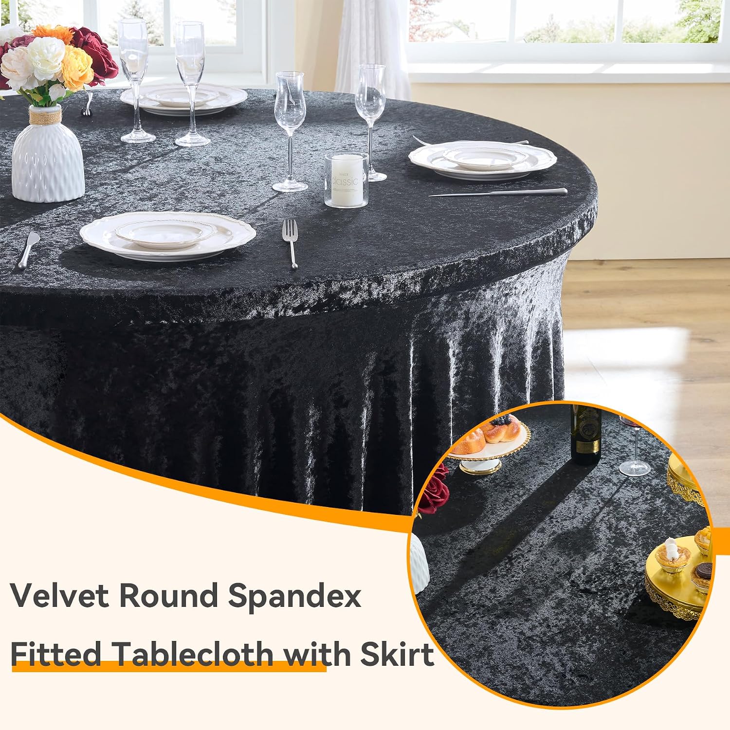 Outpain 6Pack 60 Inch Round Velvet Tablecloths - 120 Inch Stretch Spandex Table Cover with Floor-Length Skirt, Wrinkle-Free Luxury Elastic Table Cloths for Weddings,Banquets,Events (Black)