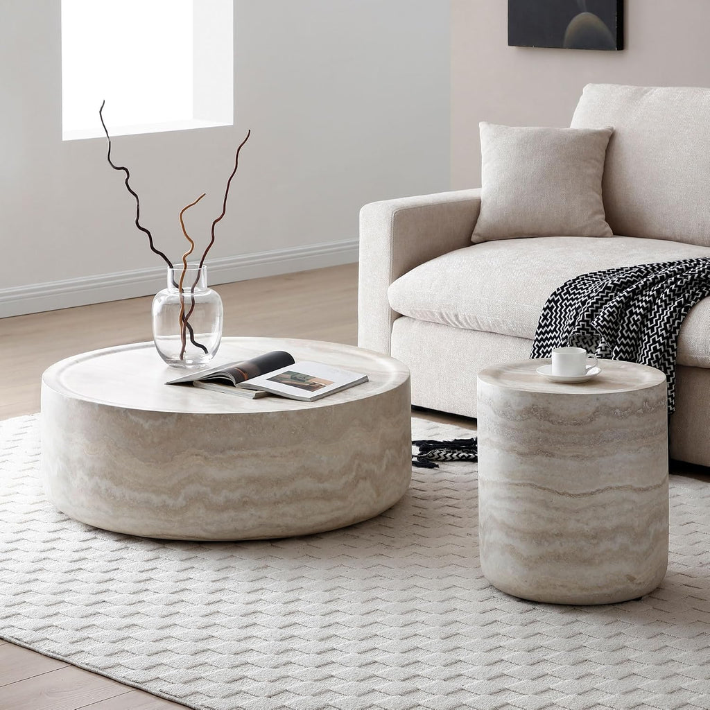 39.37' Marble Pattern Round Coffee Table for Living Room, Modern Large Circle Coffee Table Minimalist EndTable Side Table for Living Room Apartment, Office, No Need Assembly, Fiberglass Stone, Beige