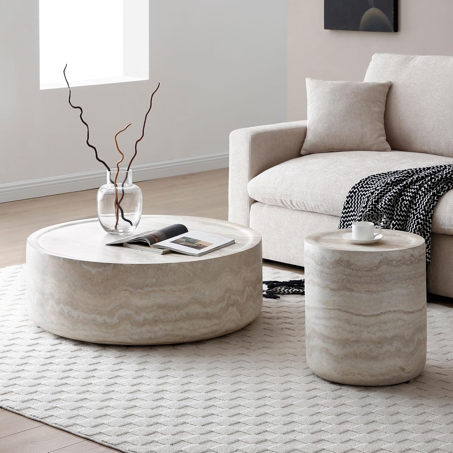 39.37' Marble Pattern Round Coffee Table for Living Room, Modern Large Circle Coffee Table Minimalist EndTable Side Table for Living Room Apartment, Office, No Need Assembly, Fiberglass Stone, Beige