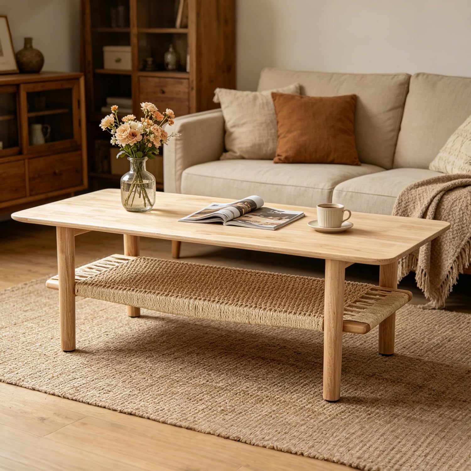 Farmhouse Coffee Table for Living Room 2-Tier Coffee Table with Natural Rattan Storage Shelf Large Rectangular Center Table for Living Room Reception, Natural Color