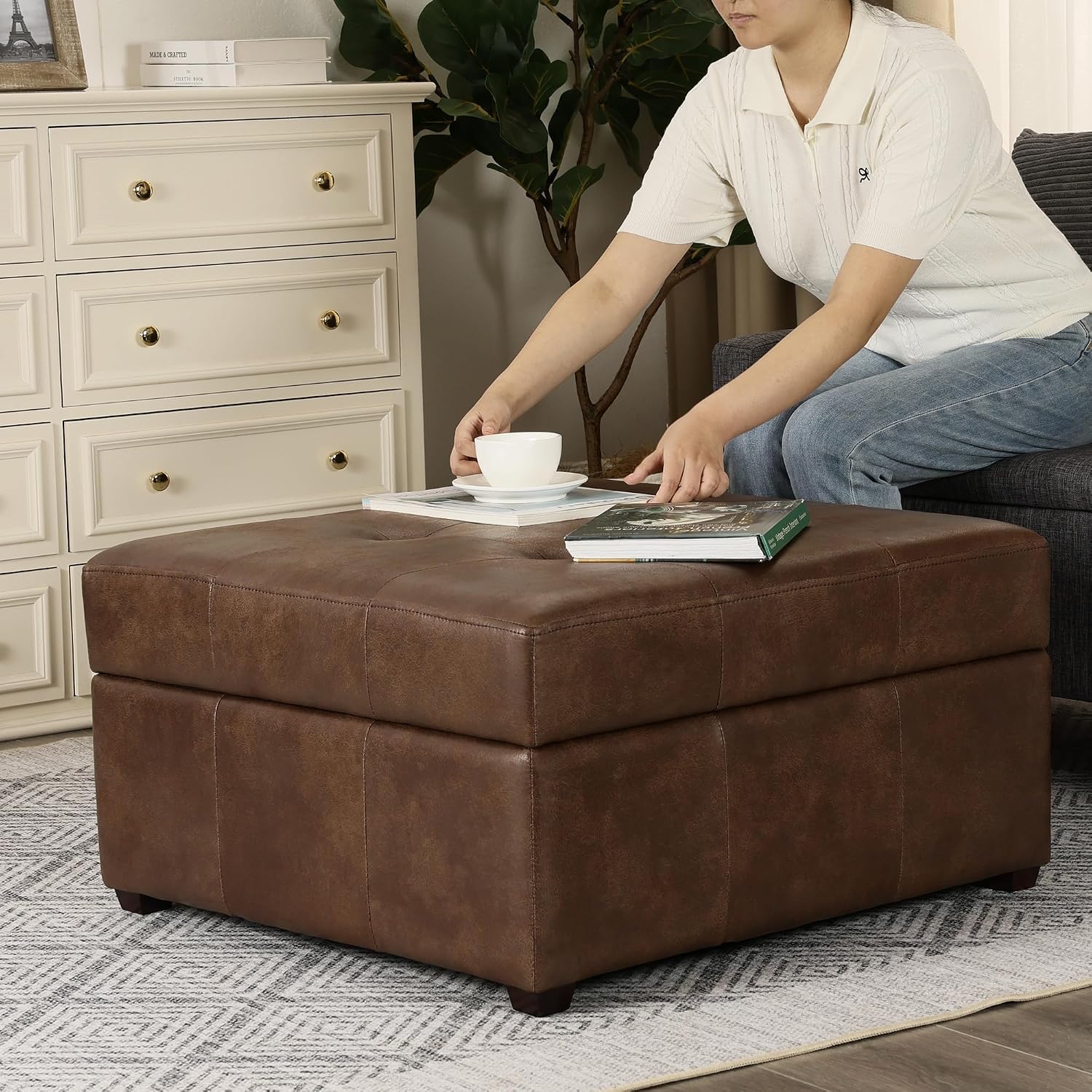 Homebeez 28.3' Storage Ottoman Bench with Faux Leather Upholstery, Button Tufted Lid, Wood Legs - Footrest, Coffee Table, Footstool for Living Room, Mottled Brown