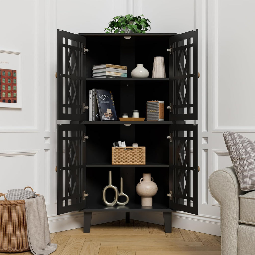 Scurrty Tall Corner Shelf Stand, Large Shelf Corner Table Sideboard Cabinet with 4 Doors and 4-Tier Shelves, Free-Standing Storage Organizer for Living Room, Dining Room & Bathroom (Black)