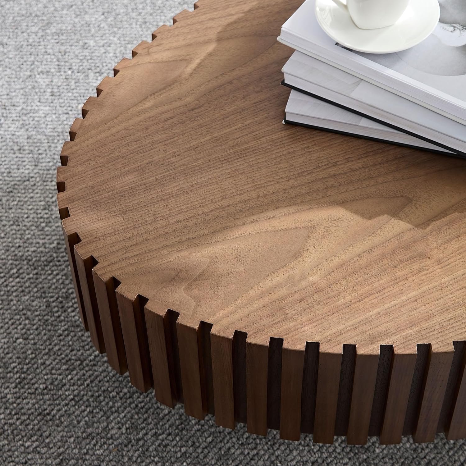 Oval Coffee Table for Living Room Fluted Coffee Table with Pedestal 43.7' Modern Wood Olive-Shaped Center Table for Apartment Easy Assembly Walnut