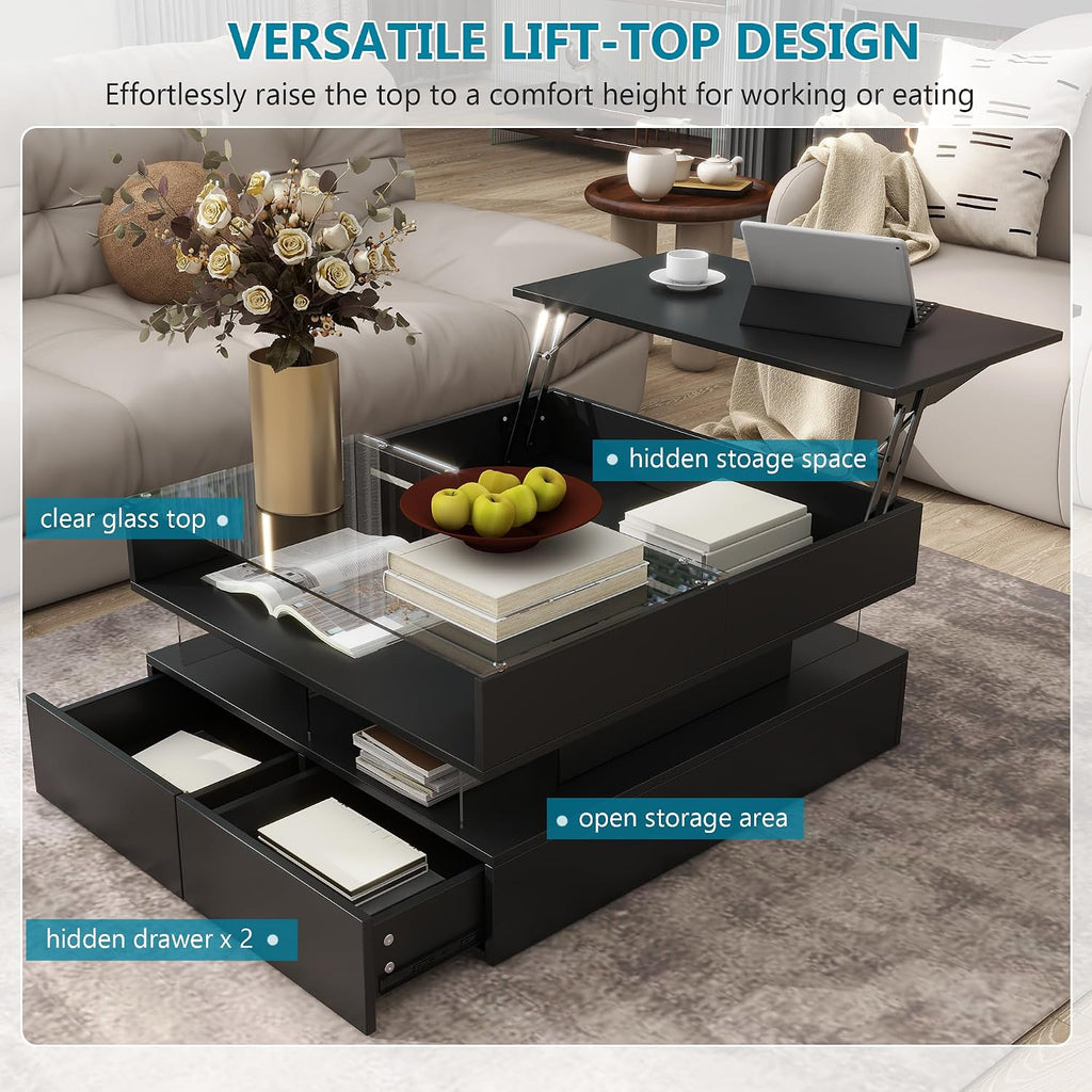 High Gloss LED Square Coffee Table 29.5-Inch Modern Lift-Top Center Cocktail Table with Storage & Glass Top for Living Room, Black